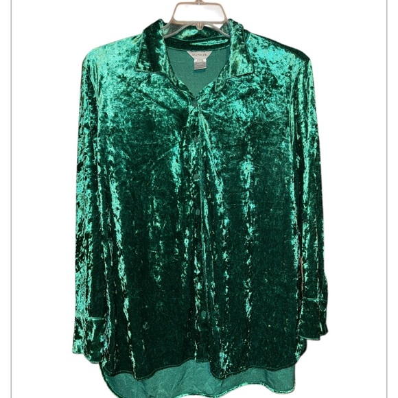 Multiples Emerald Green Velvet Women's Top button front size XL - Picture 2 of 7
